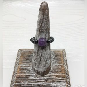 HANDCRAFTED Stretch Hematite & Amethyst Bead Ring